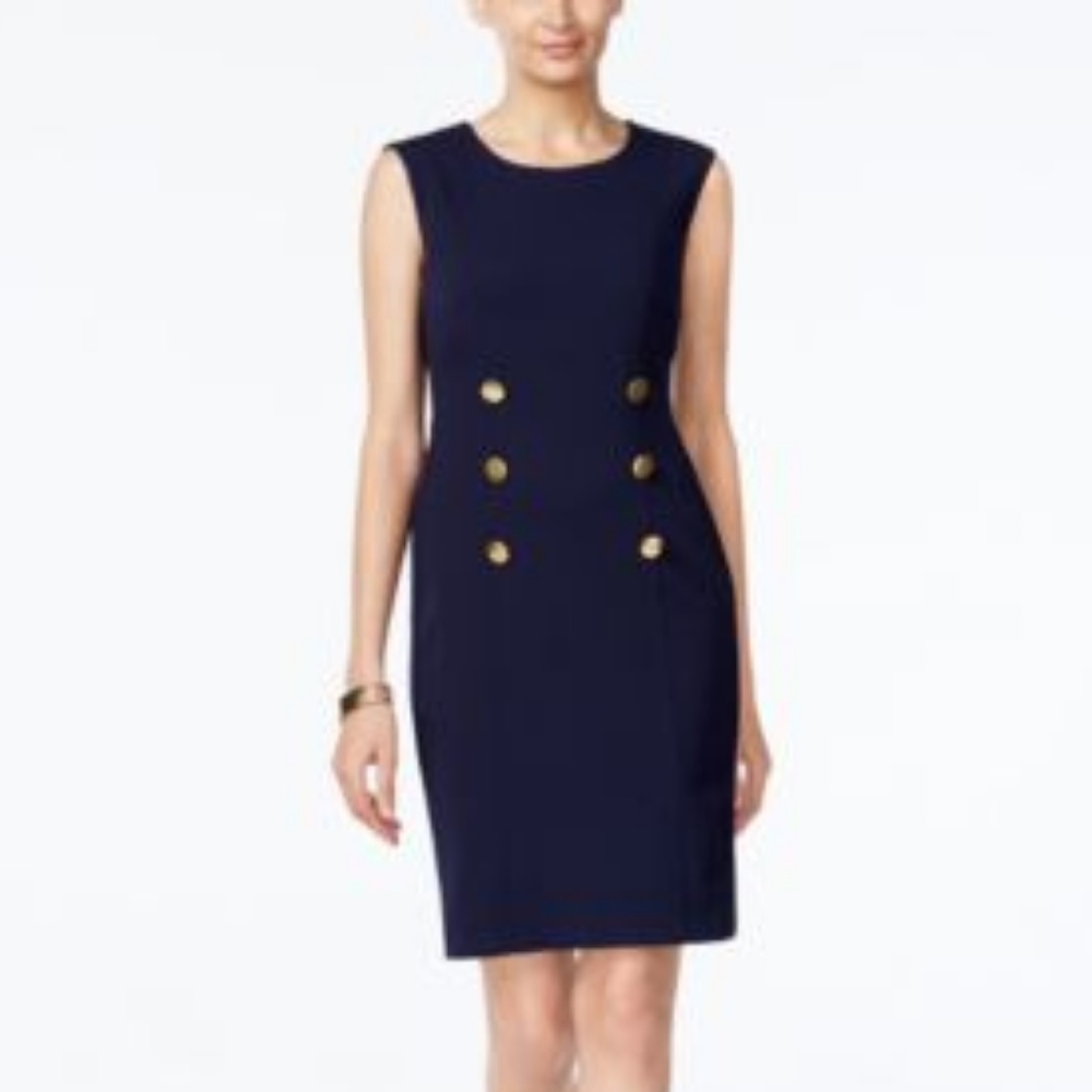 Connected Apparel Button-Accent Sheath Dress Navy